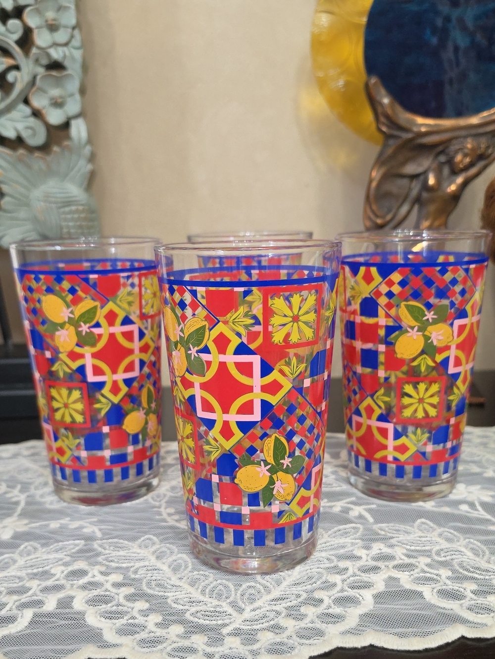Colorful Citrus-Patterned Drinking Glasses - Red & Blue Made In Turkey